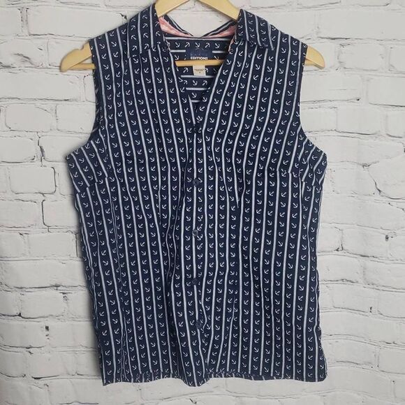 Basic Editions Navy Blue Anchor Button Down Sleeveless Top - Picture 1 of 9